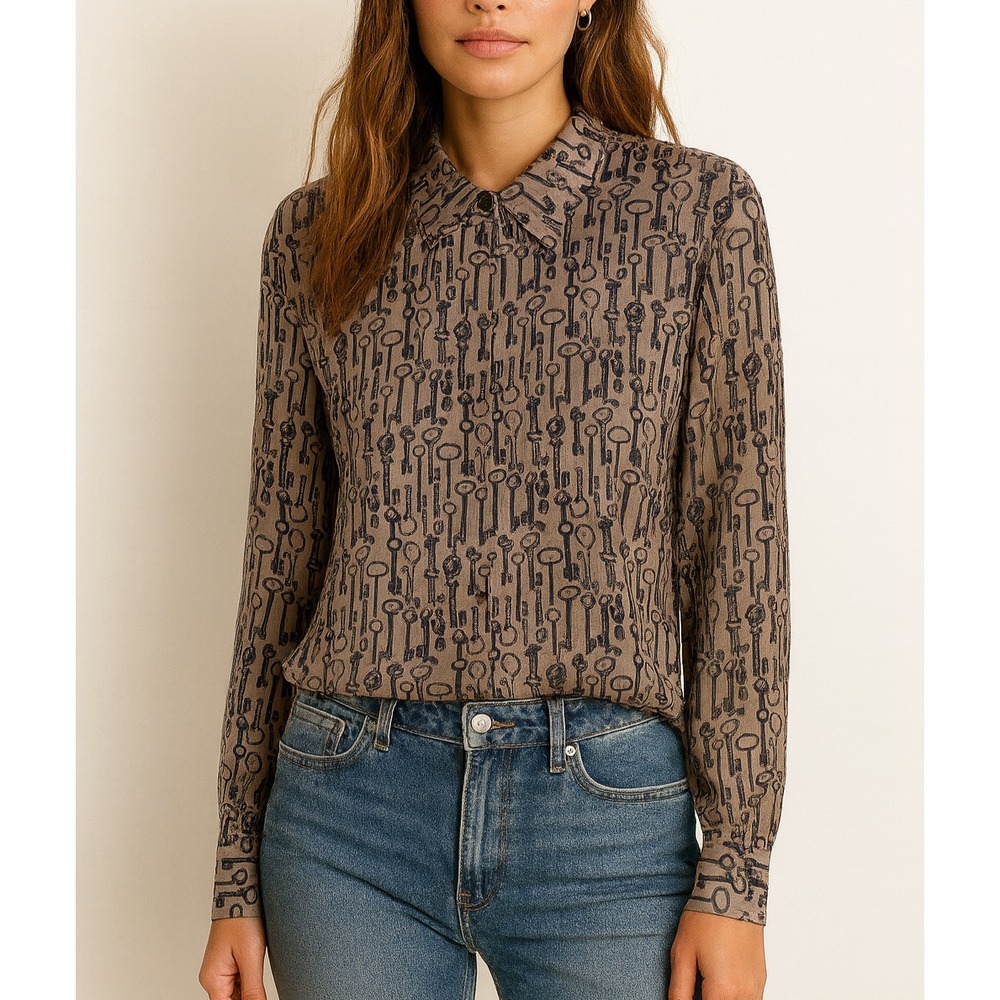 Theo Miles Silk Blouse Women's Button Front Long Sleeve Key Print Top Size‎ 6